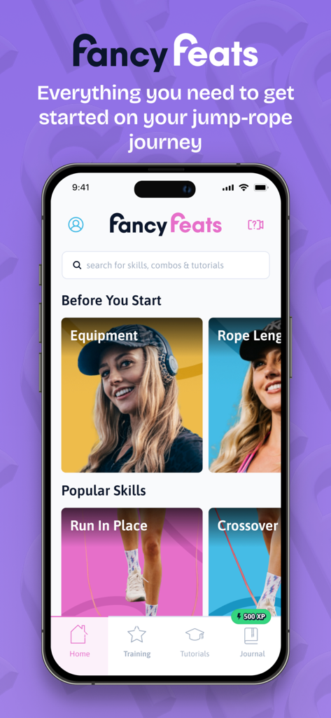 Fancy Feats -The Jump Rope App - Tela inicial do aplicativo Fancy Feats de corda de pular exibindo habilidades e tutoriais de corda de pular