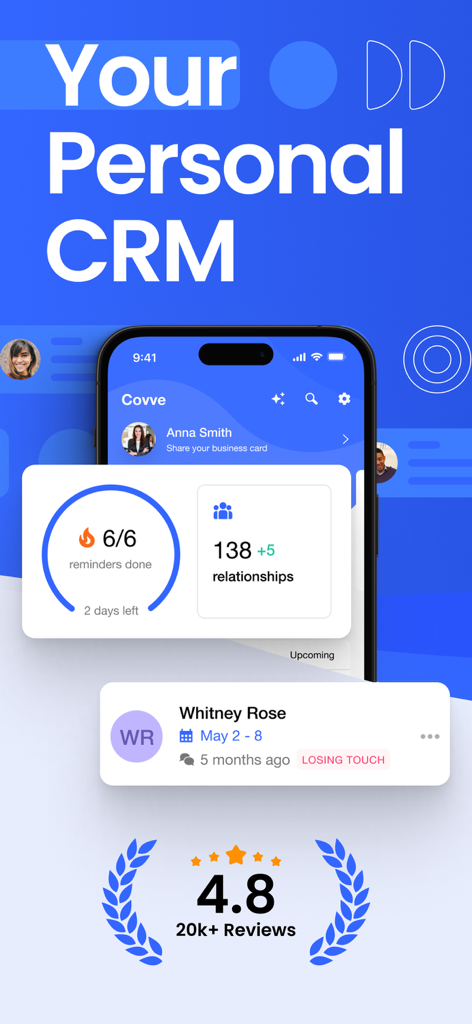 Covve CRM Manage your contacts - Covve CRM App-Dashboard mit Beziehungsstatistiken und Erinnerungen für Nachfassaktionen