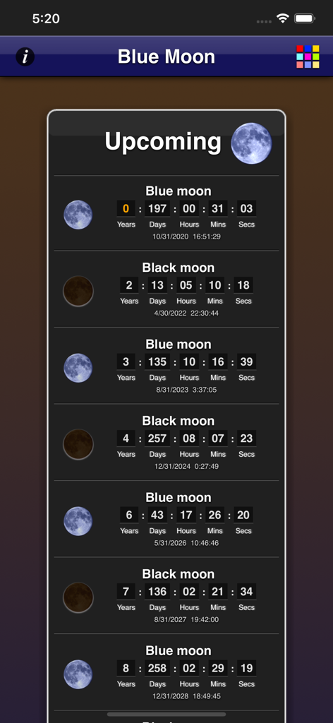 Countdowns for upcoming Blue Moon and Black Moon events