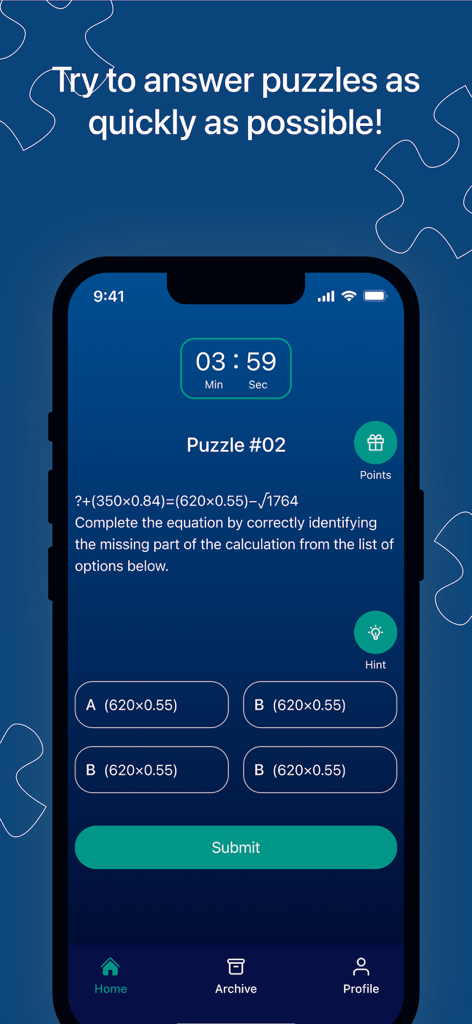 Brainzy - Brainzy app math puzzle screen with equation and timer