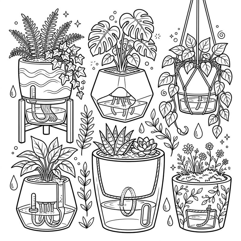 Explore a charming collection of self-watering planters, each designed to nourish beautiful plants with ease. This intricate coloring page offers a delightful escape for plant lovers and aspiring gardeners alike.
