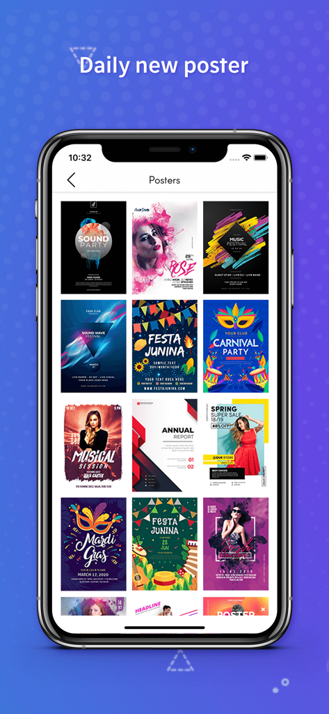 さまざまなイベントやビジネス向けのプロがデザインしたポスターやチラシのテンプレートのギャラリーを表示するスマートフォンの画面。