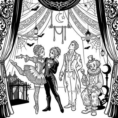 Immerse yourself in the captivating world of gothic circus performers with this intricate coloring page. Discover a unique ensemble of acrobats and clowns adorned in melancholic Victorian elegance, ready for your creative touch.