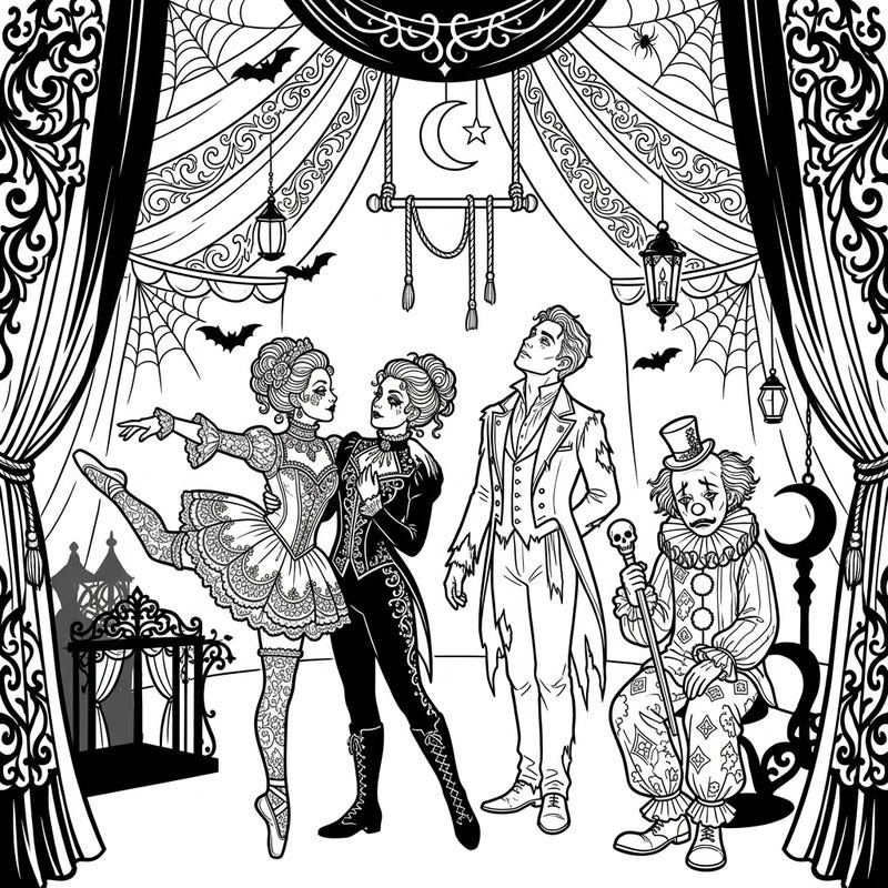 Immerse yourself in the captivating world of gothic circus performers with this intricate coloring page. Discover a unique ensemble of acrobats and clowns adorned in melancholic Victorian elegance, ready for your creative touch.