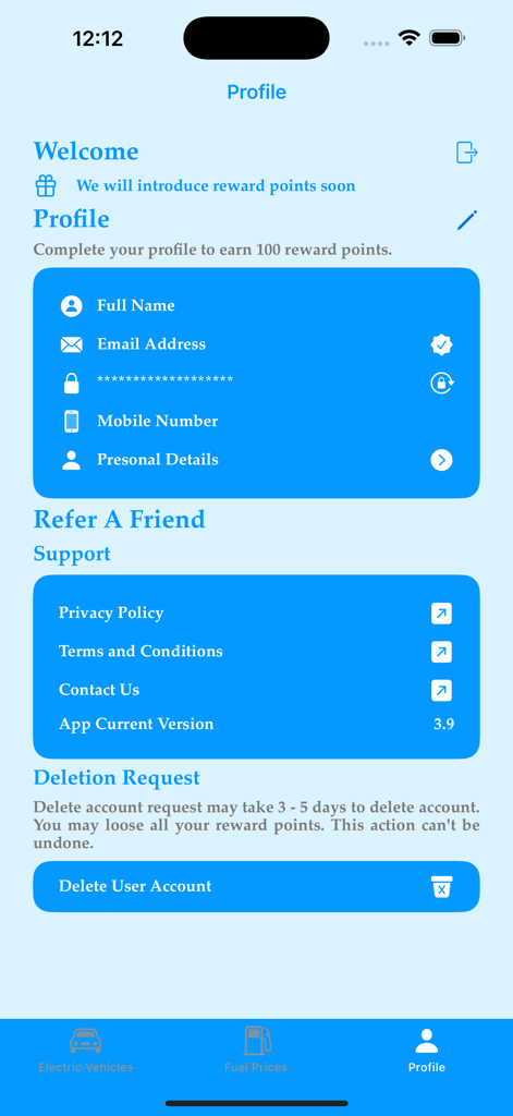 Cheap Fuel UK - User profile interface of the Cheap Fuel UK app showcasing personal details and support menu.