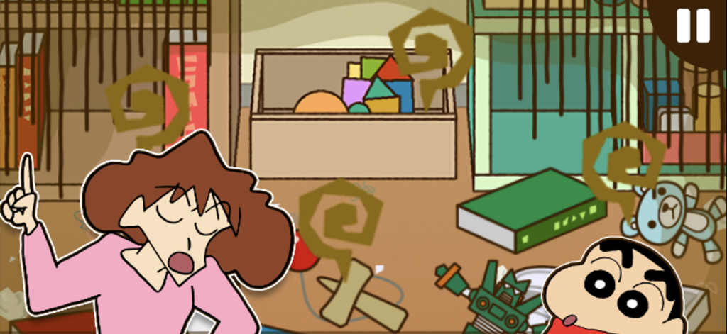 Shin-chan and his mother in a messy room with toys scattered around