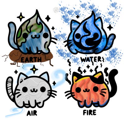 4 cats that represent the different elements, earth, water, air, and fire