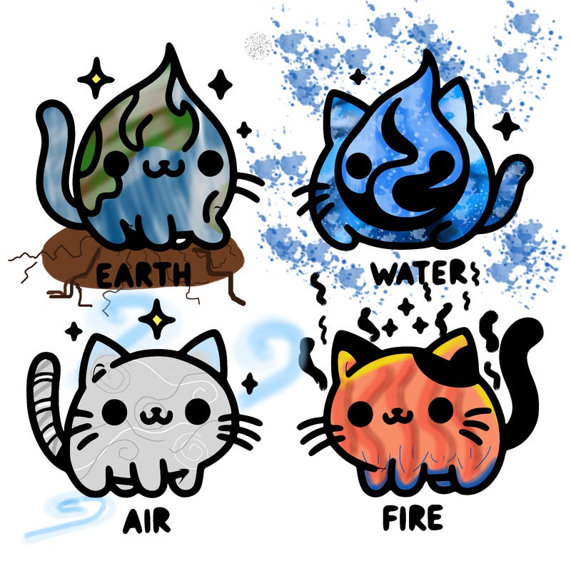 4 cats that represent the different elements, earth, water, air, and fire