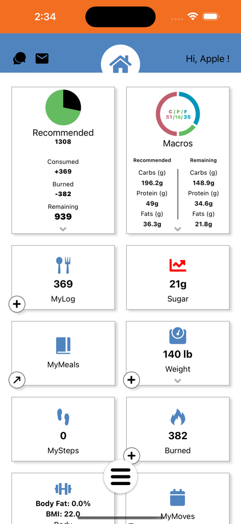 REPTS+ - REPTS plus mobile App-Dashboard mit Kalorien-, Makro- und Aktivitätszusammenfassung
