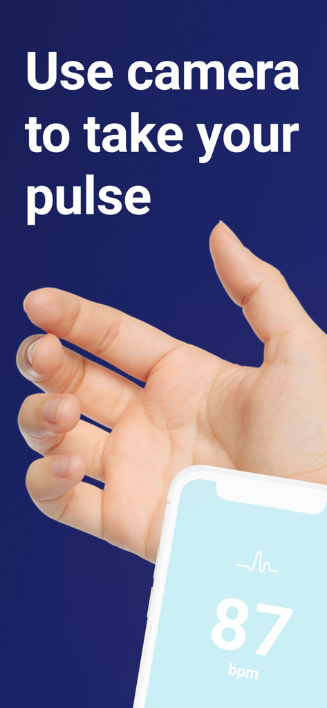Heart Rate - Track Your Pulse - A hand using an iPhone camera to measure heart rate with the Heart Rate app showing 87 bpm