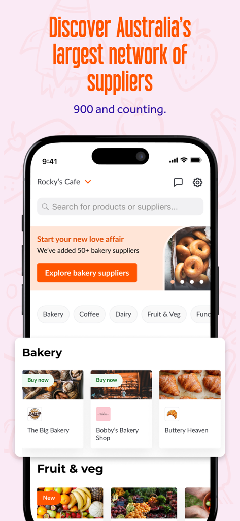 Ordermentum mobile app interface showing a directory of hospitality suppliers for cafes and restaurants