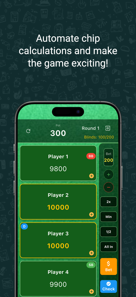 ポーカー計算チップアプリのインターフェース。プレイヤー、ポットサイズ、ベットコントロールを追跡している様子。
