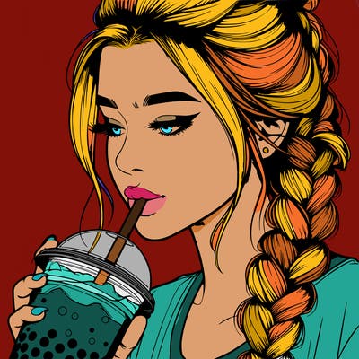 realistic girl drinking boba tea with braided hair