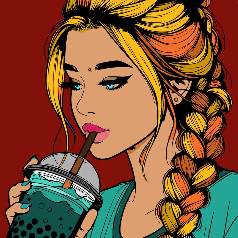 realistic girl drinking boba tea with braided hair