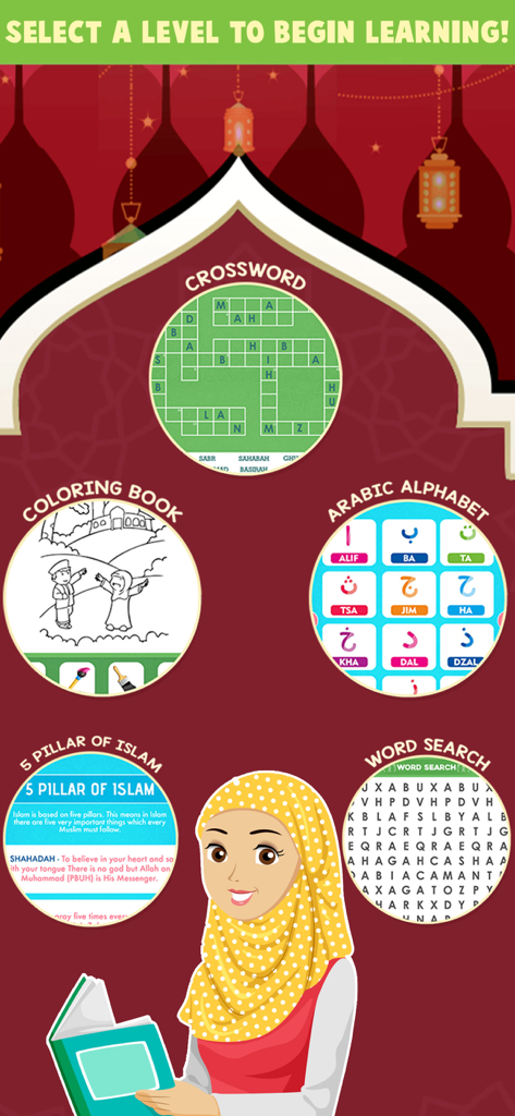 Muslim Education - Islam Games - Main menu of an Islamic educational app for children featuring crossword, coloring book, Arabic alphabet, pillars of Islam, and word search.