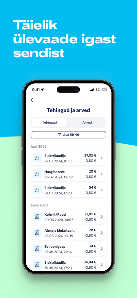 Alexela - A detailed view of the transaction and invoice history screen in the Alexela energy app showing various household and fuel expenses