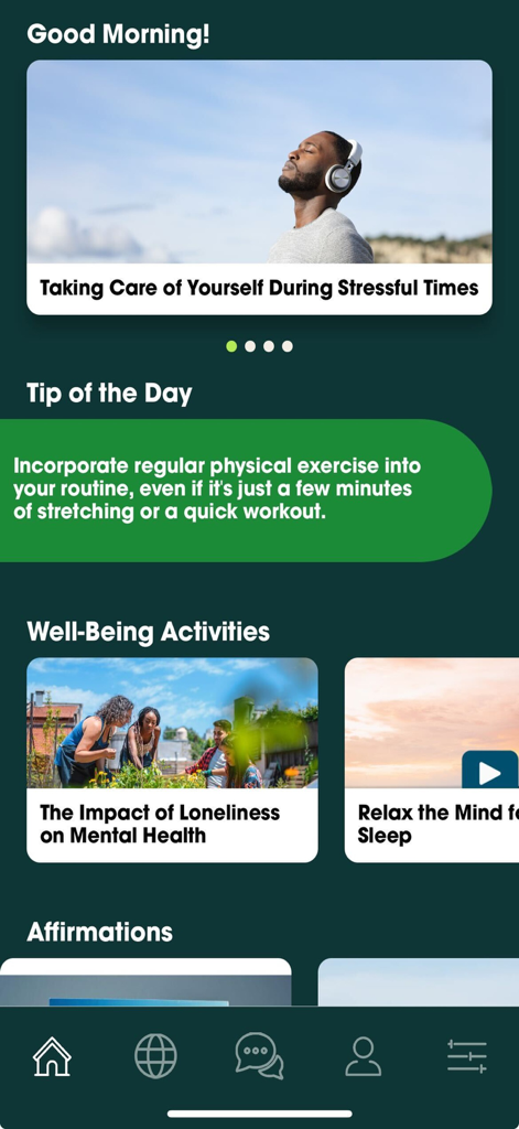 Acentra Connect - Acentra Connectモバイルアプリのインターフェース。メンタルヘルスリソースと毎日のウェルビーイングのヒントが表示されています。