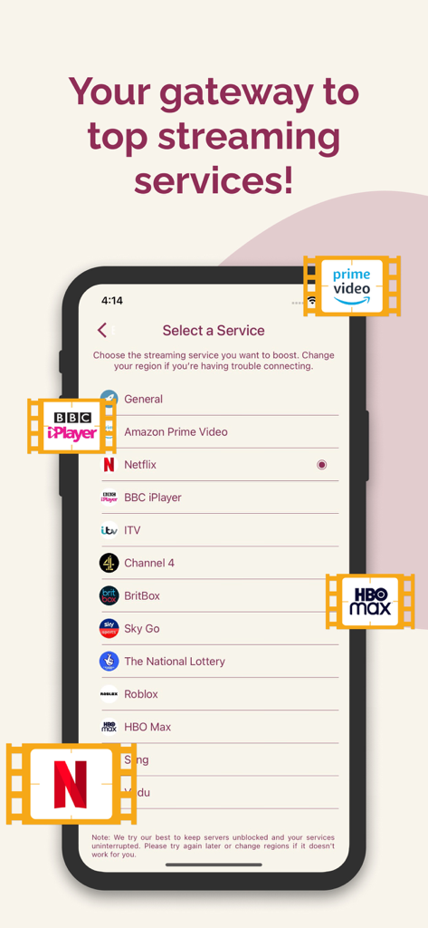 Interface de l'application mobile VPN Pro montrant une liste de services de streaming comme Netflix et HBO Max disponibles pour un streaming optimisé et une sélection de région.