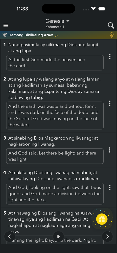 Tagalog Bible – Audio Offline - Interfaz bilingüe de la aplicación de la Biblia en tagalo e inglés mostrando el Génesis Capítulo 1 en modo oscuro con controles de audio.