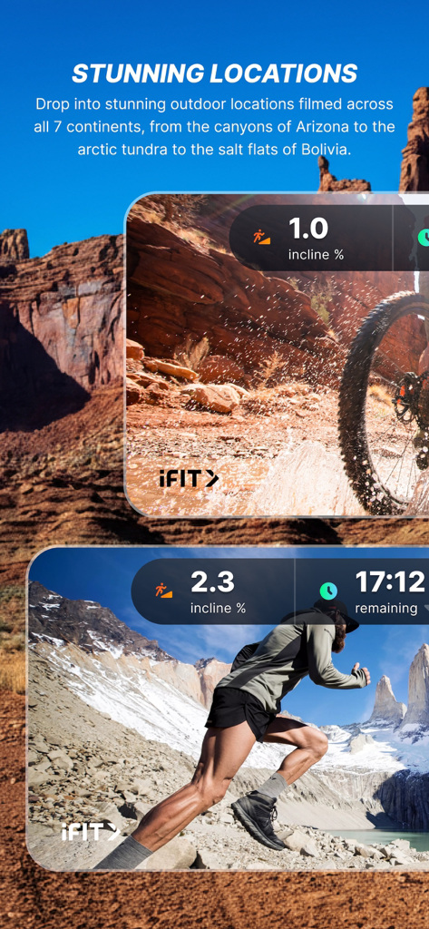 Oberfläche der iFIT Workouts App, die globale Fitnesssitzungen an malerischen Orten wie Canyons und Bergpfaden zeigt