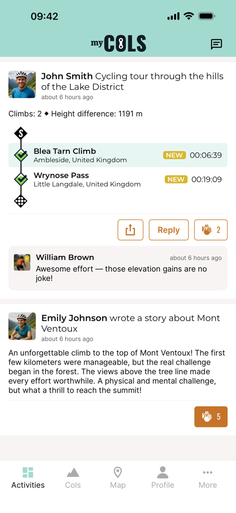myCols - your cycling climbs - MyCols app activity feed displaying cycling climb achievements and user stories
