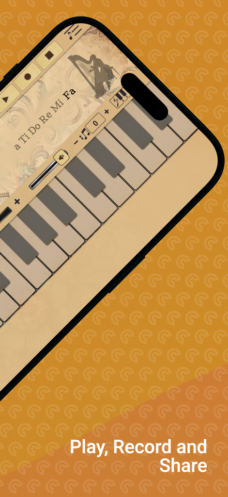 Harp Sim - Harp Sim mobile app interface showing a digital keyboard to play harp sounds with recording and sharing features