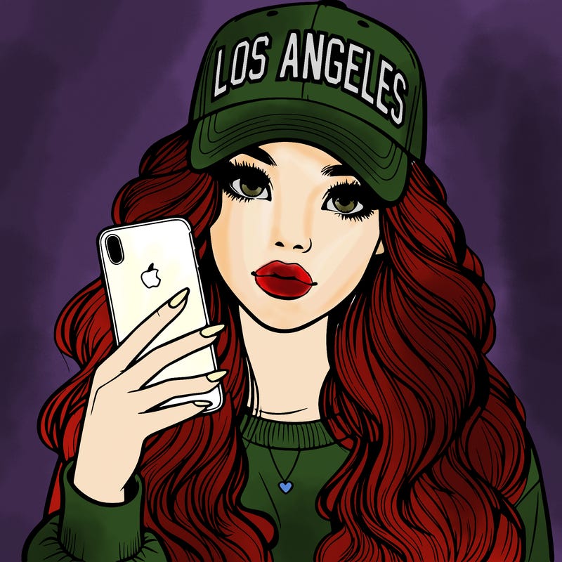 realistic beautiful girl wearing los ángeles cap holding an iphone