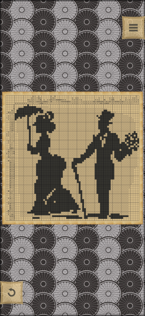 Un puzzle di logica nonogramma completato che rivela la silhouette di una coppia vittoriana.