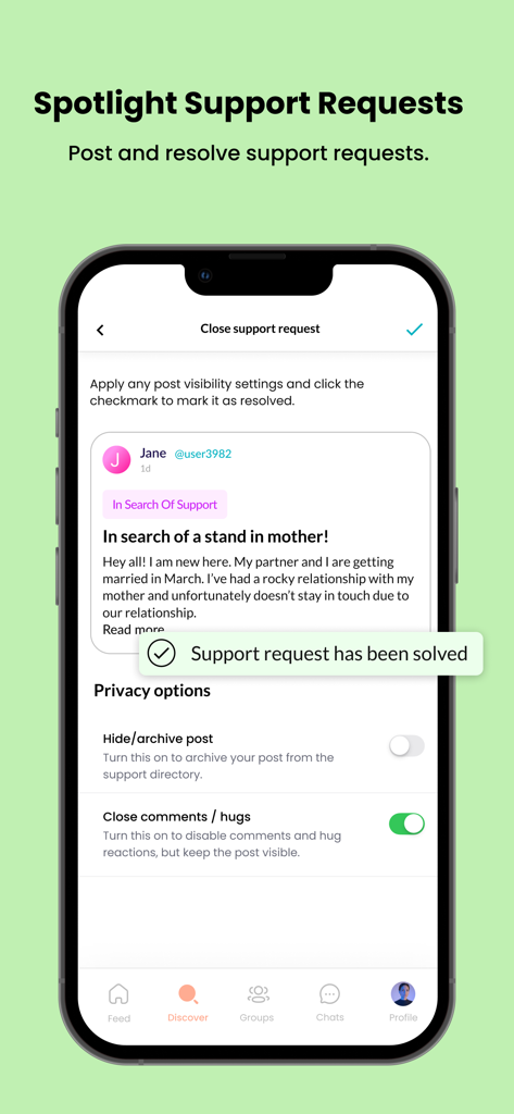 Stand In Pride - A mobile app interface showing a resolved support request for a stand-in mother with privacy and post settings