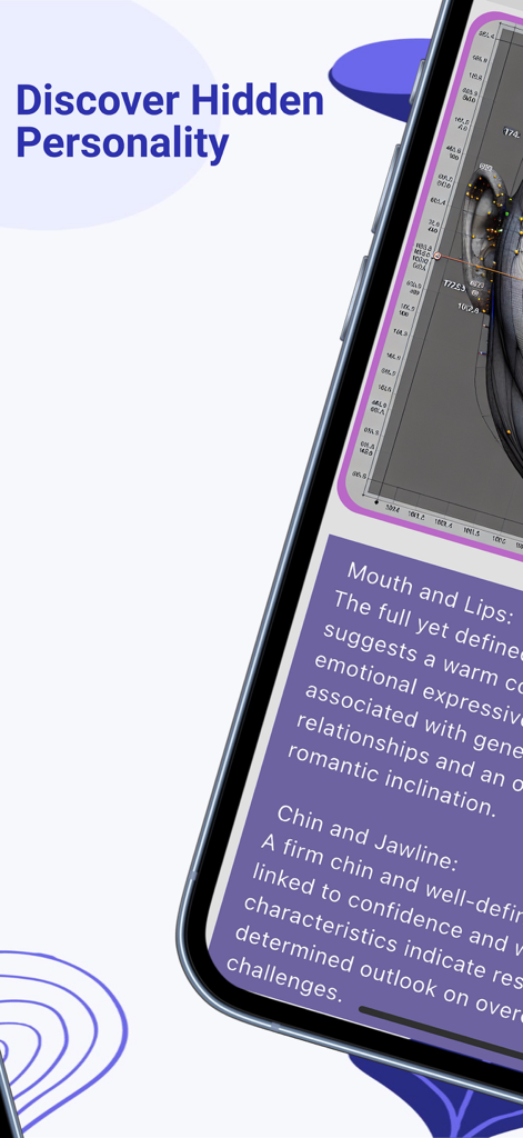 Face Reader AI: Insights - A smartphone showing the Face Reader AI app interface with facial feature scanning and detailed personality trait analysis.