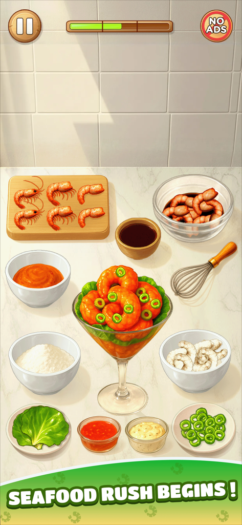 Cooking ASMR: Foodie Cook Game - 料理ASMRゲームのシーフード調理レベル。キッチンカウンターにさまざまな材料が並べられ、エビカクテルの準備が進められています。