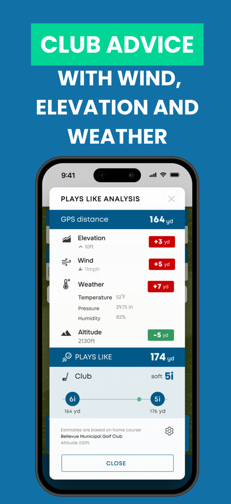 Golf Pad GPS Range Finder - 골프 패드 앱 화면은 날씨 및 고도를 기반으로 한 플레이 유사 분석 및 클럽 추천을 표시합니다.