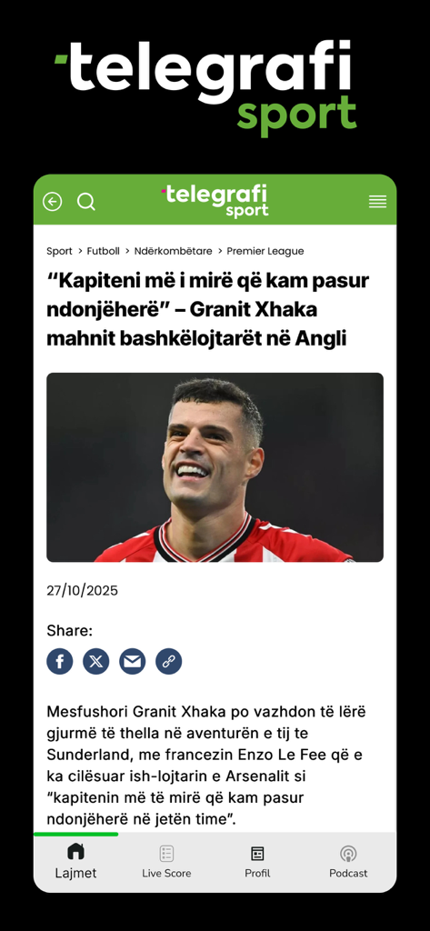 Telegrafi Sport - Captura de pantalla de la aplicación Telegrafi Sport que muestra un artículo de noticias sobre el futbolista Granit Xhaka en albanés.