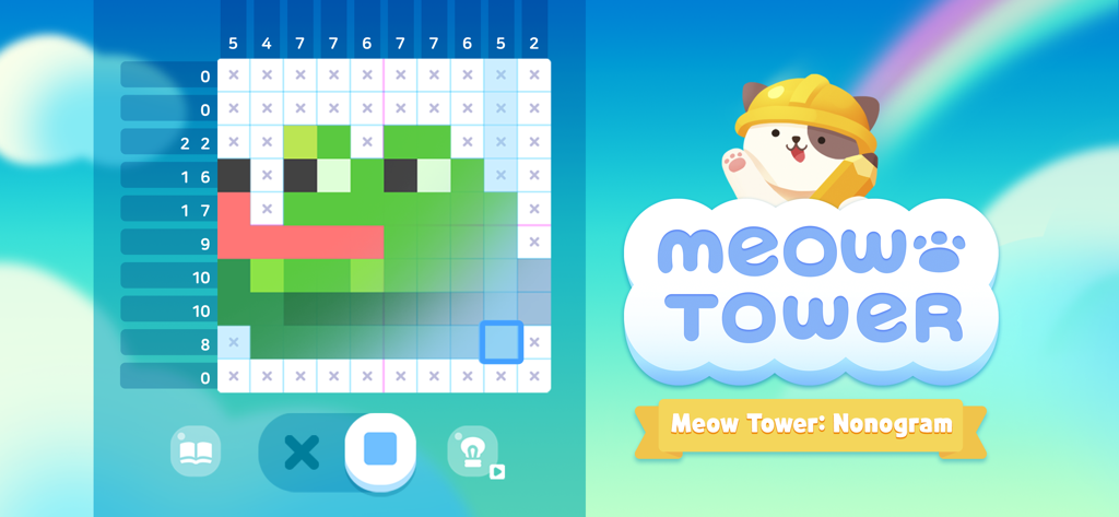 Meow Tower - Nonogram Puzzle - Meow Tower gameplay showing a nonogram puzzle being solved into pixel art next to a cute cat mascot