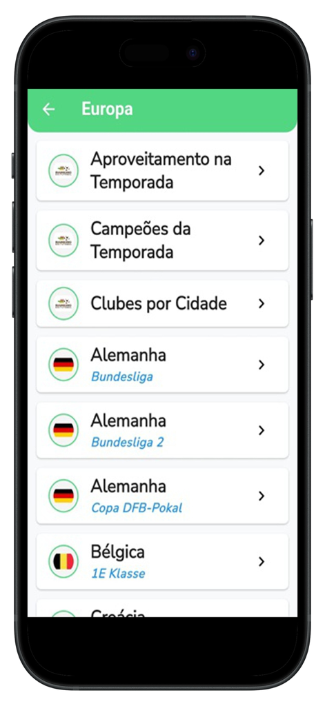 Ranking do Futebol - Tela do menu do aplicativo Ranking do Futebol mostrando ligas de futebol europeias como Bundesliga e Belgian 1E Klasse.