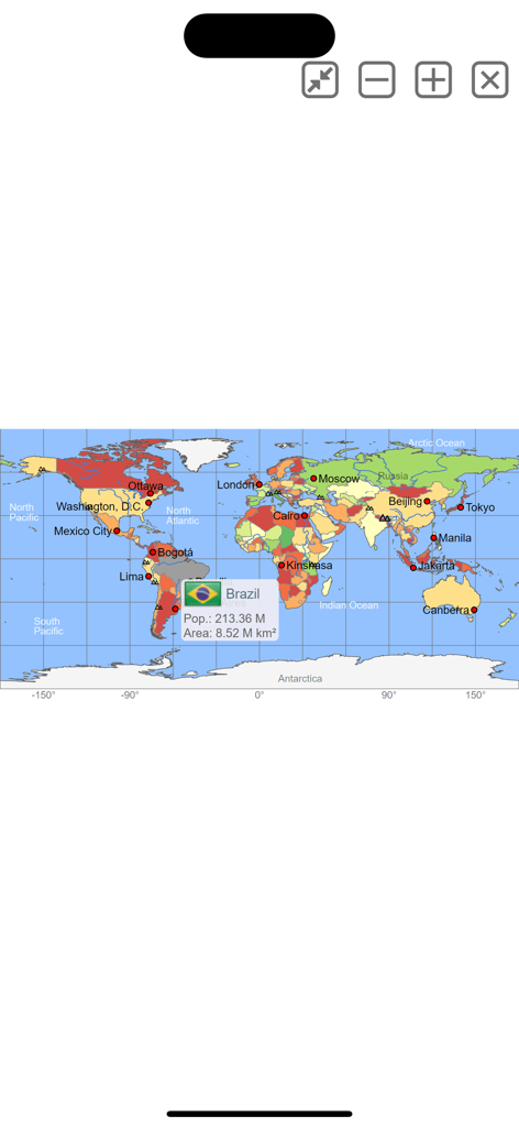 Mapa mundial interactivo que muestra datos de población y área de Brasil
