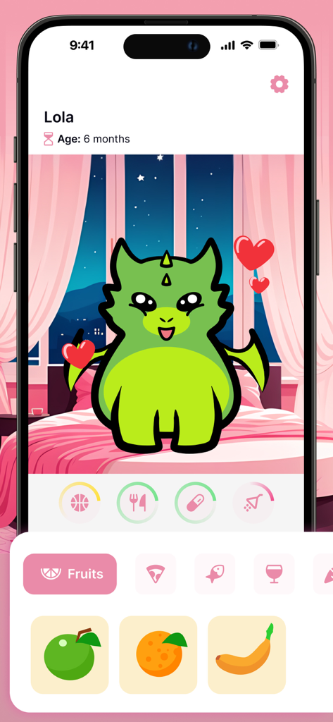 Raise Virtual Pets: Widgets - A green virtual pet dragon named Lola in a cozy bedroom with fruit feeding options