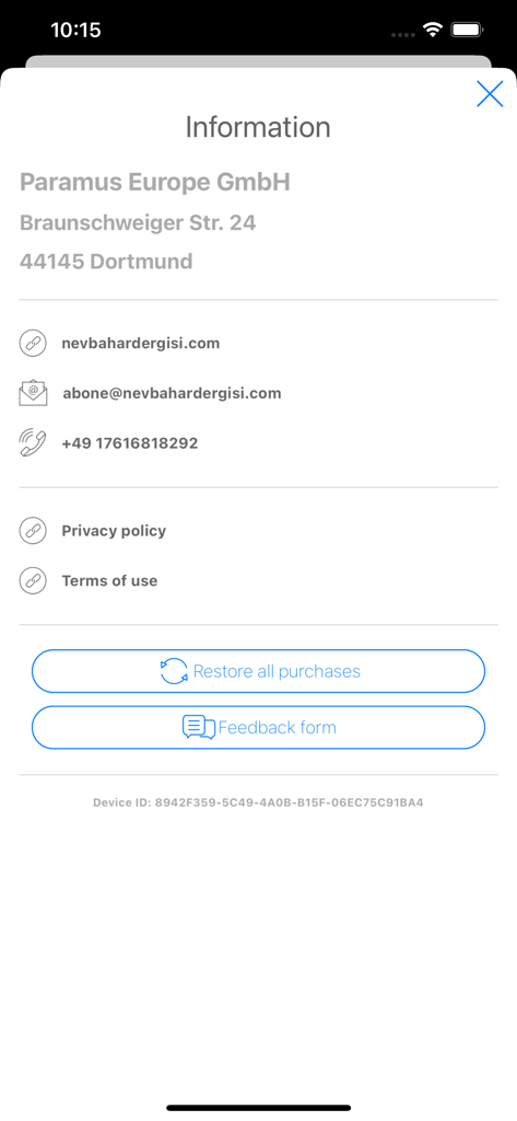 Pantalla de información de la aplicación Nevbahar que muestra los datos de contacto del editor, enlaces legales y opciones de restauración de compras.