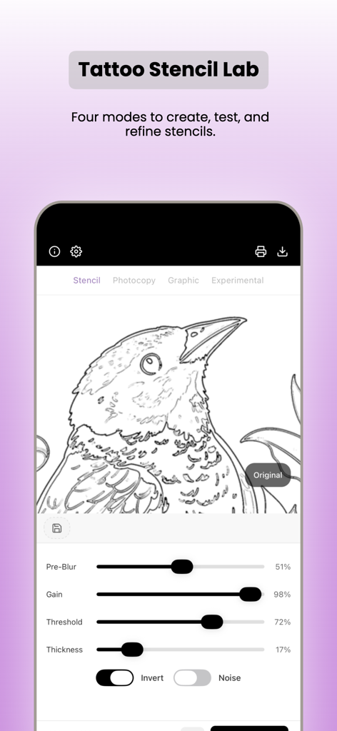 Interface of the Tattoo Stencil Lab app showing a bird stencil outline and professional adjustment sliders for line thickness and detail