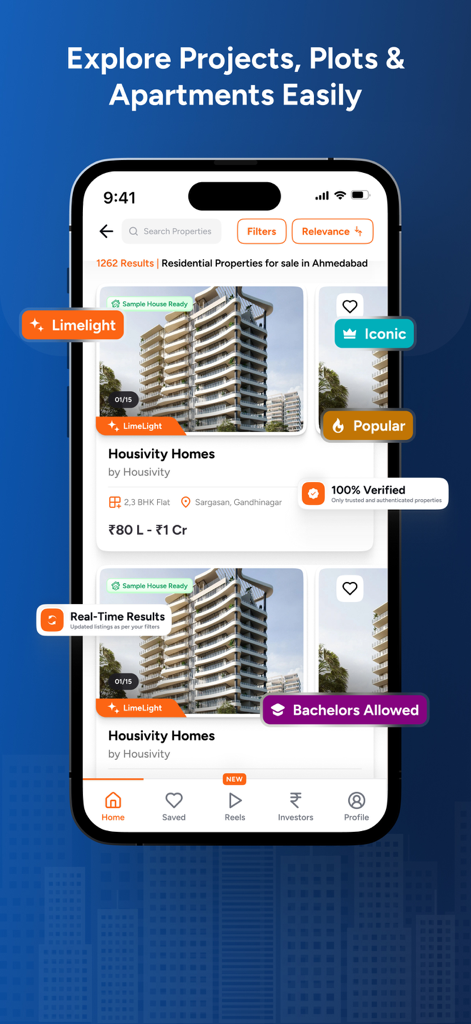 Housivity.com: Buy, Sell, Rent - Mobile Benutzeroberfläche der Housivity-App, die Wohnimmobilienangebote zum Verkauf in Ahmedabad Indien anzeigt.