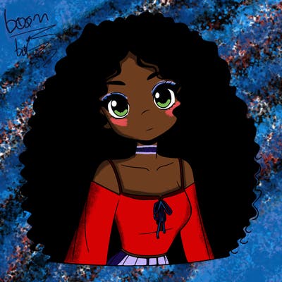 a black anime girl with long afro hair