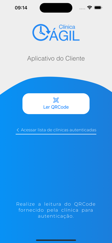 Clínica Ágil para pacientes - Pantalla de autenticación de la aplicación del paciente Clínica Ágil con un botón para escanear un código QR para acceder a la clínica.