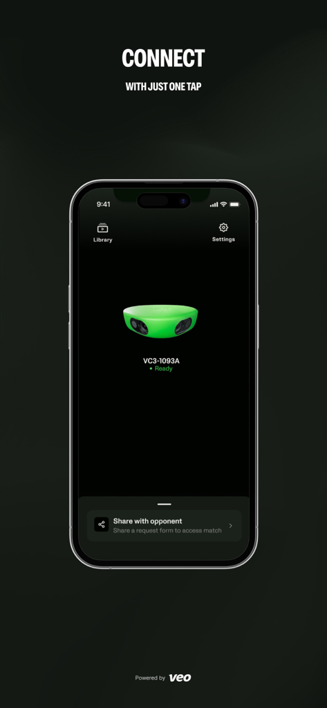 Veo Camera - Veo Camera app interface showing a simple one tap connection screen to a green sports camera