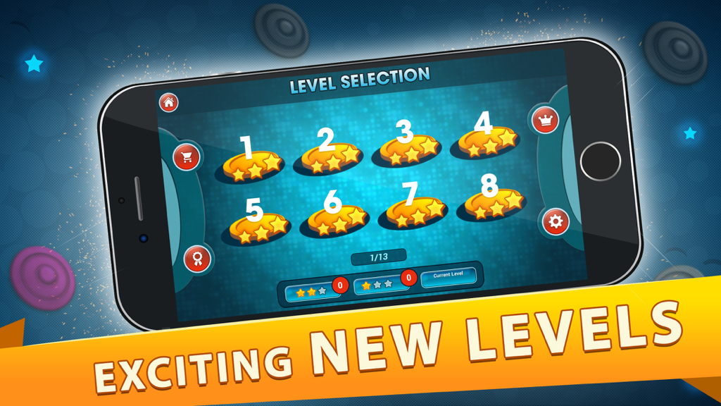 Carrom Live! - Smartphone displaying the level selection screen of the Carrom Live game with stars earned for each level.