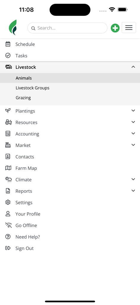 The main navigation menu of the Farmbrite app showing livestock plantings accounting and farm management categories.