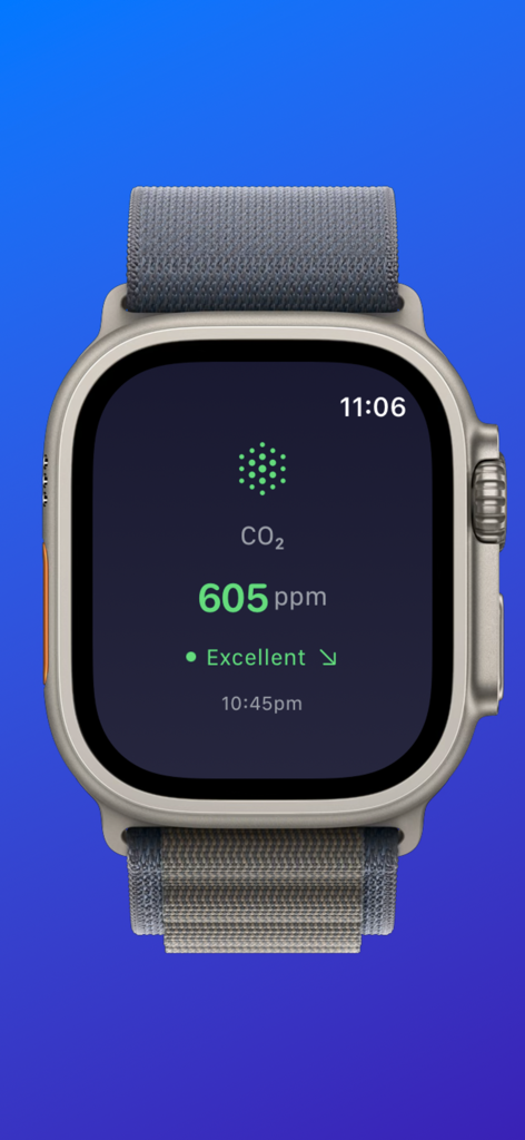 Air Quality Watch - Air Quality Watch app on Apple Watch Ultra displaying a CO2 reading of 605 ppm