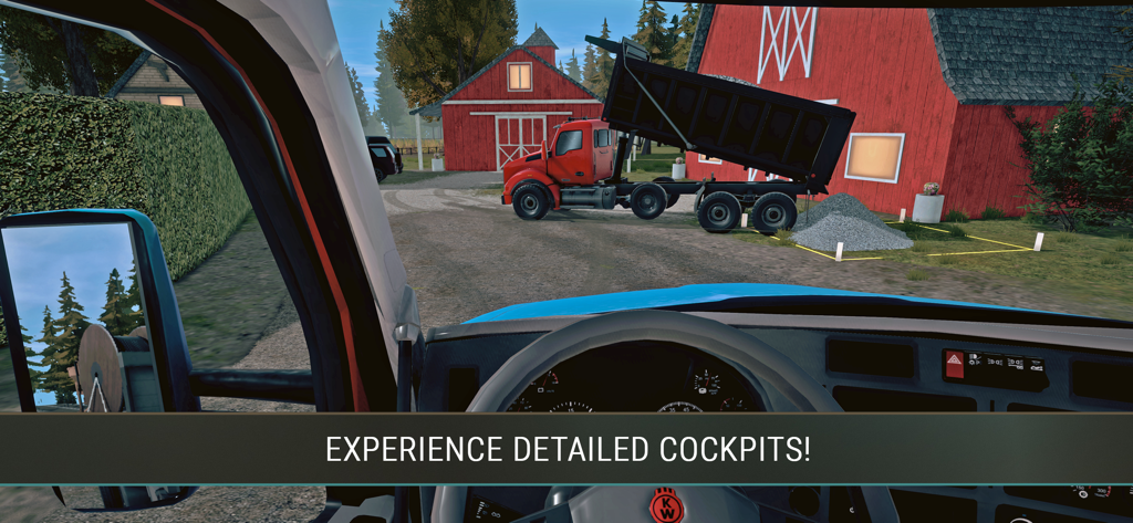 Construction Simulator 4 Lite - First-person view from a detailed truck cockpit in Construction Simulator 4 Lite showing a dump truck unloading at a farm site.