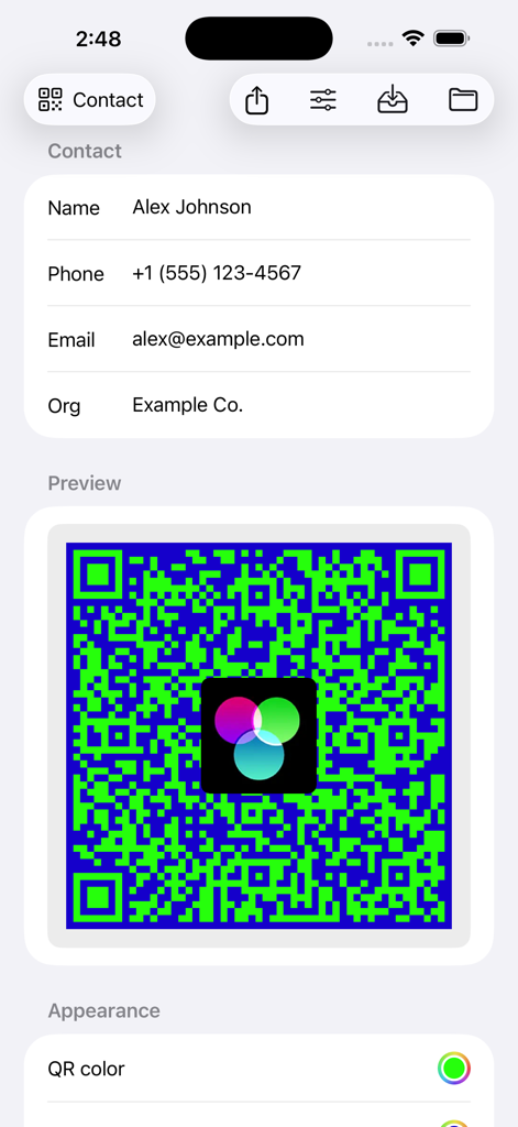 Quicker QR Code Generator - Quicker QRコードジェネレーターアプリで、カスタムカラーとロゴを使用してブランド化された連絡先QRコードを作成するインターフェースが表示されています。