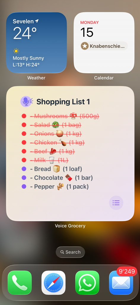 A grocery shopping list widget on an iPhone home screen displaying items with icons and voice command options.