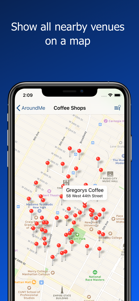 AroundMe App zeigt nahegelegene Cafés auf einer Karte mit roten Standortmarkierungen in New York City
